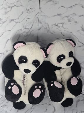 Plush Panda Women's Slipper Boots - Black & White with Pink Accents